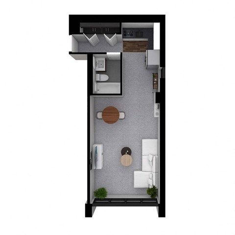 A floor plan of a small apartment with a kitchen, living room, and bathroom.