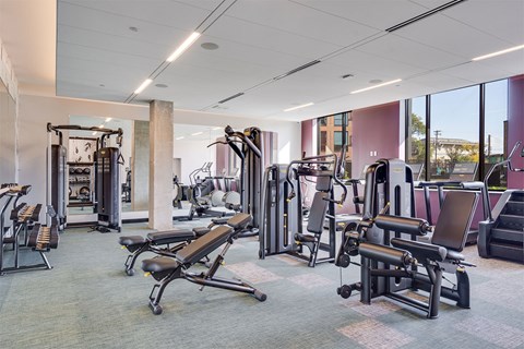 A gym with a variety of equipment including treadmills, weights, and exercise machines.