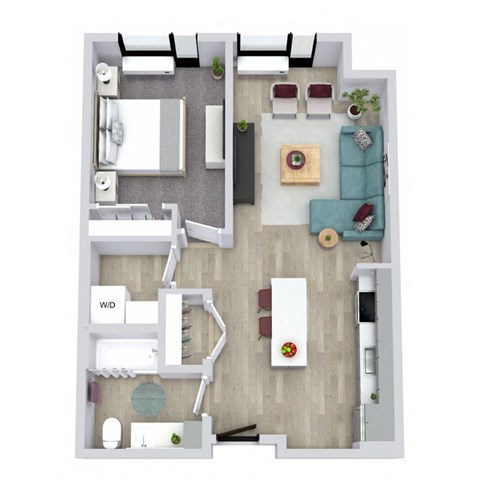 A top down view of a modern apartment layout.