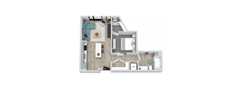 A 3D floor plan of a house with a kitchen, living room, and bathroom.