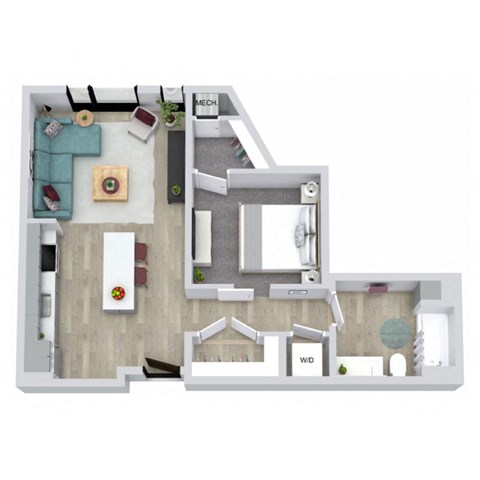 A 3D floor plan of a house with a kitchen, living room, and bathroom.