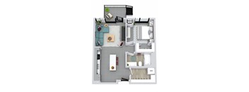 A floor plan of a house with a kitchen, living room, and bathroom.