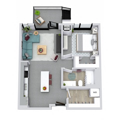 A floor plan of a house with a kitchen, living room, and bathroom.