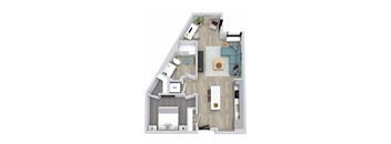 A floor plan of a house with a living room, dining room, kitchen, and bathroom.