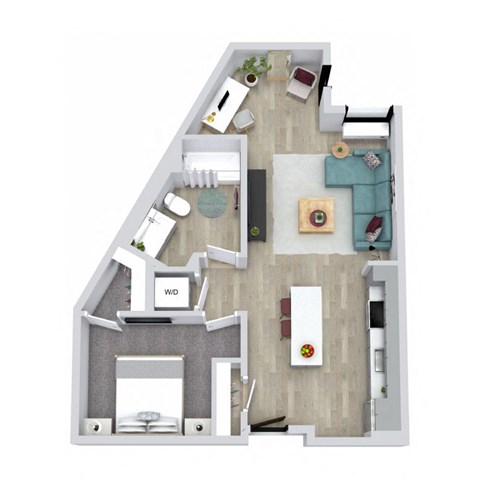 A floor plan of a house with a living room, dining room, kitchen, and bathroom.