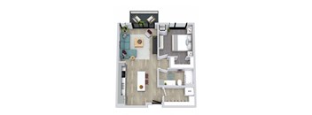 A floor plan of a house with a kitchen, living room, and bathroom.