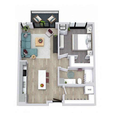 A floor plan of a house with a kitchen, living room, and bathroom.