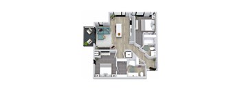 A floor plan of a house with a kitchen, living room, and bathroom.