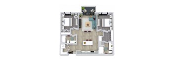 A top-down view of a house layout with a living room, dining room, kitchen, and bathrooms.