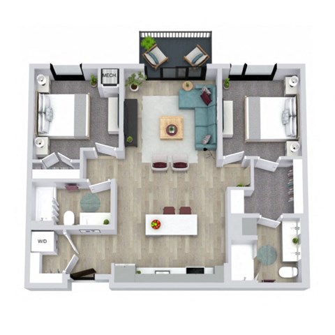 A top-down view of a house layout with a living room, dining room, kitchen, and bathrooms.