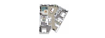 A 3D floor plan of a house with labeled rooms.