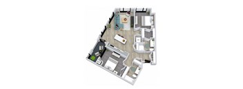 A top-down view of a house layout with a kitchen, living room, dining room, and two bedrooms.