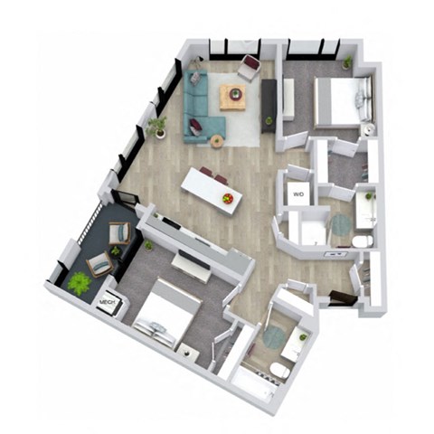 A top-down view of a house layout with a kitchen, living room, dining room, and two bedrooms.