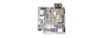 A floor plan of a house with a kitchen, living room, dining room, and bathroom.