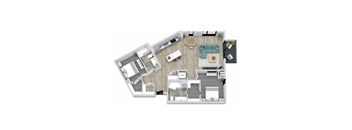 A floor plan of a house with a living room, dining room, kitchen, and two bedrooms.