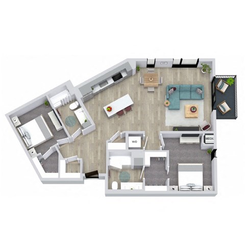 A floor plan of a house with a living room, dining room, kitchen, and two bedrooms.