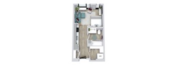 A floor plan of a small apartment with a living room, kitchen, and bathroom.