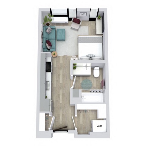 A floor plan of a small apartment with a living room, kitchen, and bathroom.