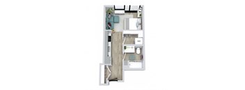 A floor plan of a small apartment with a kitchen, living room, and bathroom.