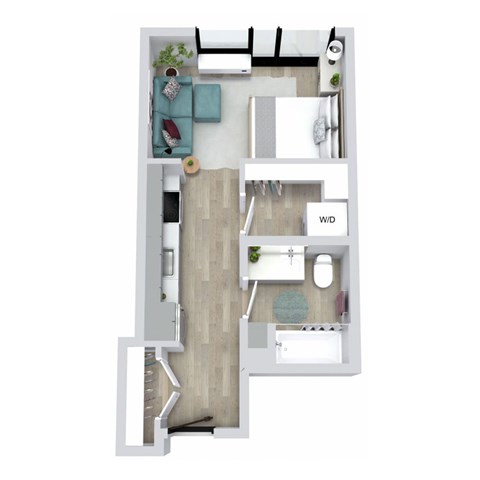 A floor plan of a small apartment with a kitchen, living room, and bathroom.