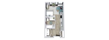 A top down view of a small apartment with a kitchen, living room, and bathroom.