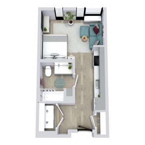 A top down view of a small apartment with a kitchen, living room, and bathroom.