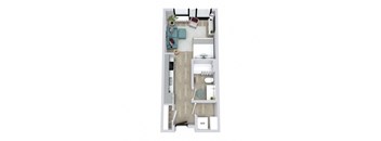 A floor plan of a small apartment with a living room, kitchen, and bathroom.