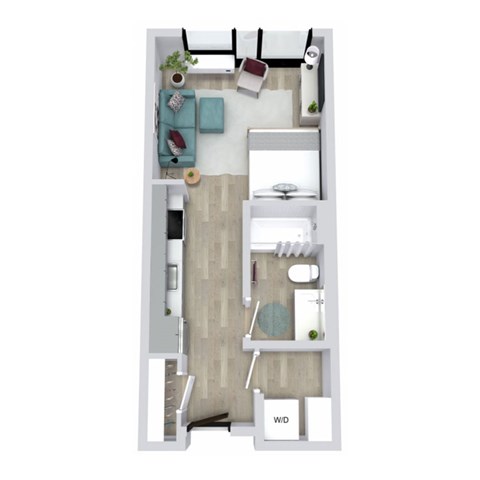A floor plan of a small apartment with a living room, kitchen, and bathroom.