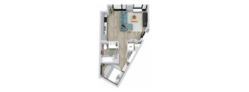 A floor plan of a small apartment with a living room, kitchen, and bathroom.