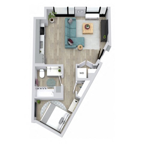 A floor plan of a small apartment with a living room, kitchen, and bathroom.