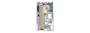 A floor plan of a small apartment with a living room, kitchen, and bathroom.