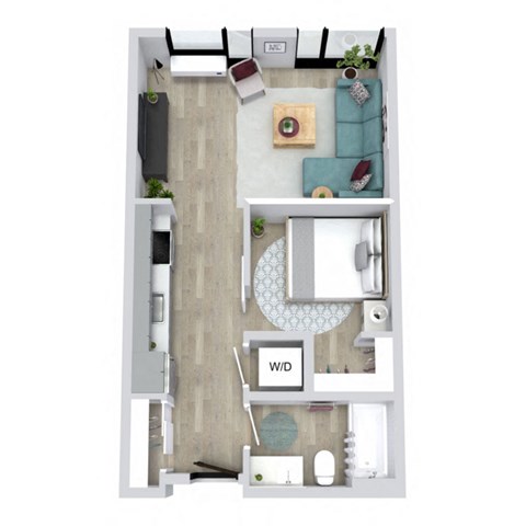 A floor plan of a small apartment with a living room, kitchen, and bathroom.