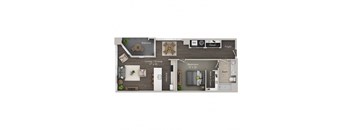 A floor plan of a home showing a living room, dining room, kitchen, and bathroom.