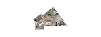 A floor plan of a house with a kitchen, living room, dining room, and bathroom.