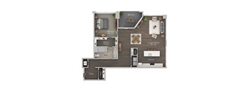 A floor plan of a house with a balcony, living room, dining room, kitchen, bath, and foyer.