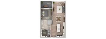 A floor plan of a small apartment with a living room, dining room, bedroom, bathroom, kitchen, and closets.