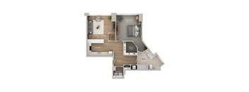 A floor plan of a house with a living room, dining room, kitchen, bathroom, and laundry room.