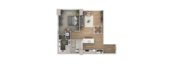A floor plan of a small apartment with a bedroom, living room, kitchen, and bathroom.
