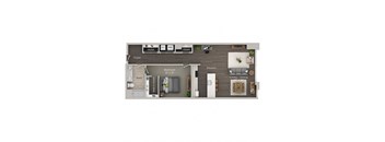 A floor plan of a small apartment with a bedroom, living room, and kitchen.