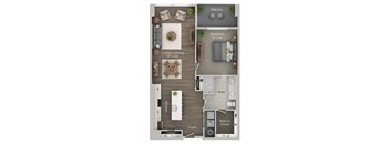 A floor plan of an apartment with a living room, dining room, kitchen, and bathroom.