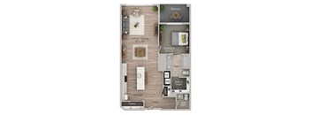 A floor plan of a small apartment with a living room, dining room, kitchen, pantry, bathroom, and two bedrooms.