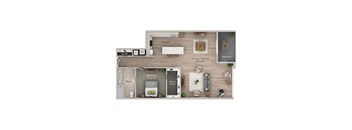 A floor plan of a home showing a kitchen, living room, dining room, bedroom, bathroom, and balcony.