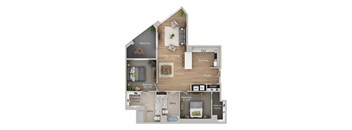 A floor plan of a house with a living room, dining room, kitchen, and two bedrooms.