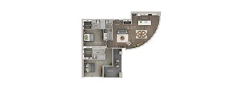 A floor plan of a home with a living room, kitchen, pantry, and two bedrooms.