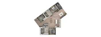 A floor plan of a two-bedroom apartment with a living room, dining room, kitchen, and bathrooms.