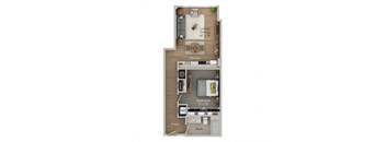 A floor plan of a small apartment with a living room, kitchen, bedroom, and bathroom.