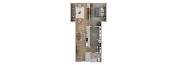 A floor plan of a small apartment with a living room, dining room, kitchen, bathroom, and bedroom.