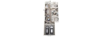 A floor plan of a two-story home with a garage for two cars.