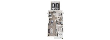 A floor plan of a two-bedroom apartment with a garage for one car.