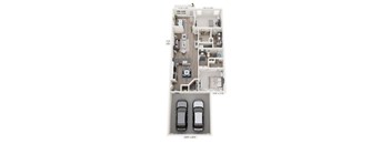 A floor plan of a two-story home with a garage for two cars.